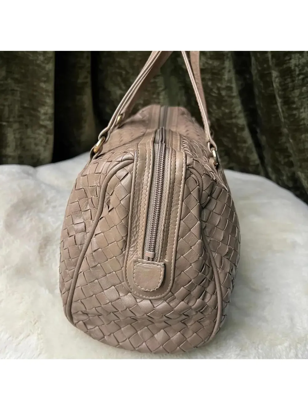 BV Style intrecciato woven leather bowler tan beige  Satchel Handbag Meyers VTG